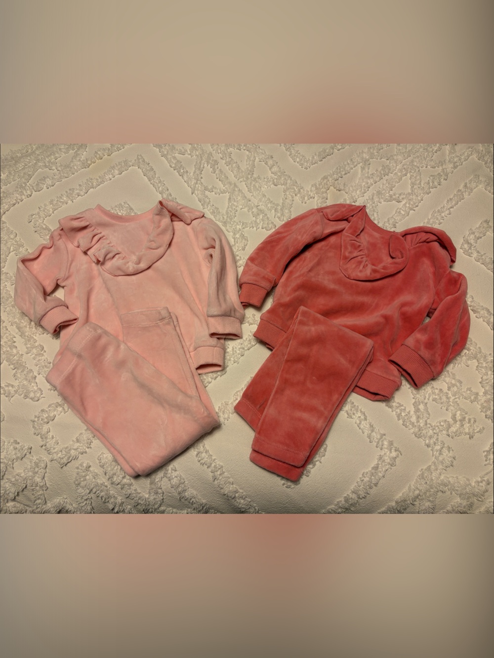 Kids Velour Jogger Set in Light Pink and Coral, Twin Girls